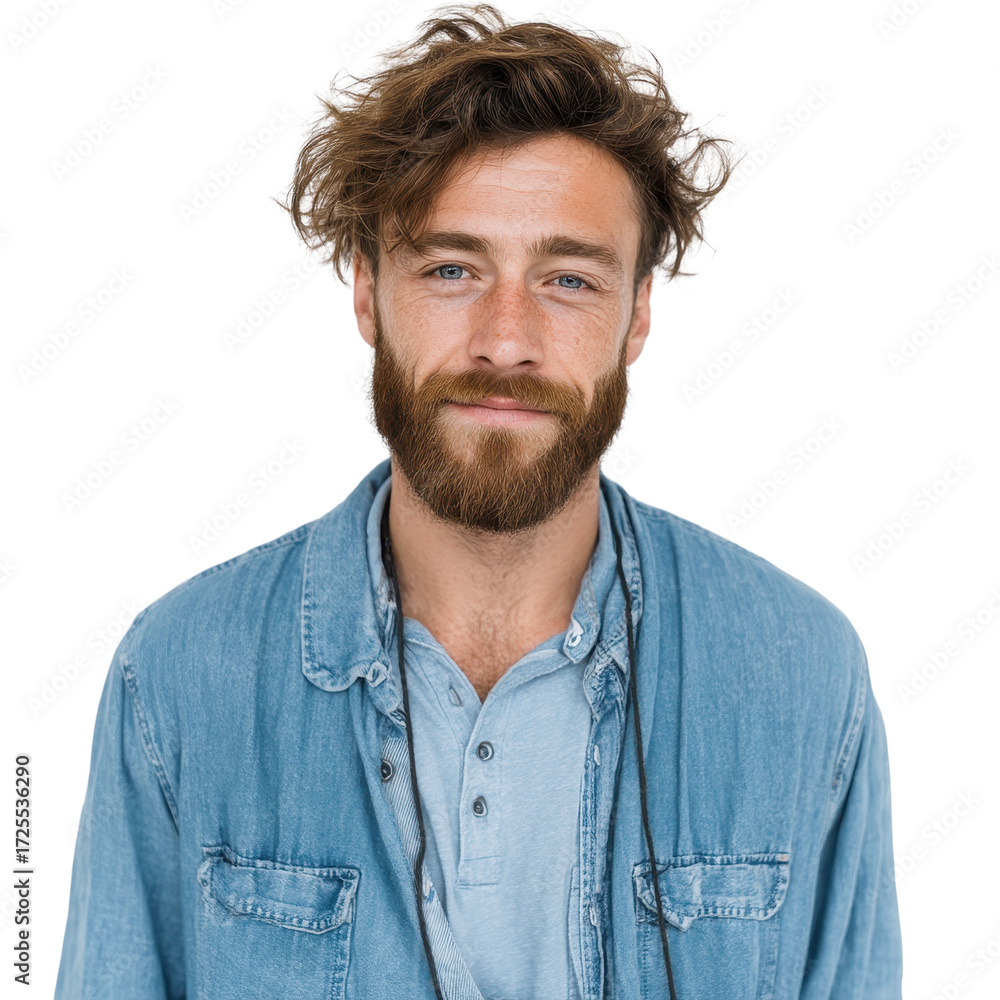 Obraz premium Young Man with Beard Smiling in Casual Denim Jacket Studio Portrait with Natural Light Isolated on White Background