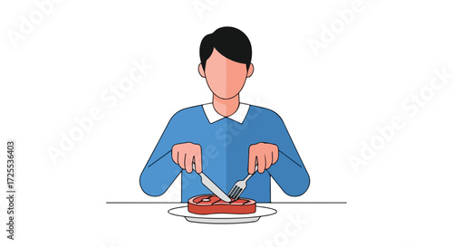 Vector illustration depicting a faceless person cutting into a piece of steak with utensils at the table