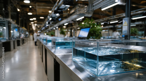 A modern lab equipped with transparent water tanks showcasing various aquatic environments, emphasizing a clean and high-tech atmosphere for scientific research and aquaculture.