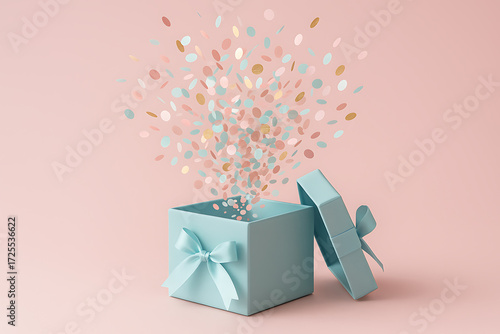 Gift box exploding with confetti, pastel pink minimal background