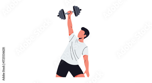 Minimalist illustration of a man lifting a dumbbell overhead in a fitness focused exercise activity and isolated against a white background ready