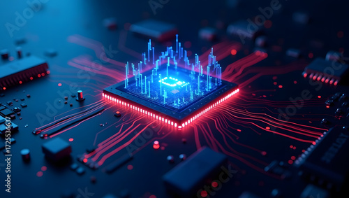 Blue light glows from the digital circuit board with a futuristic pattern