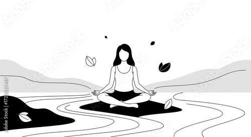 Monochrome illustration of a woman meditating outdoors for wellness concept