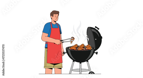 Enthusiastic man grilling chicken on a charcoal barbeque with smoky aroma, enjoying outdoor summer cooking and preparation of a delicious meal with