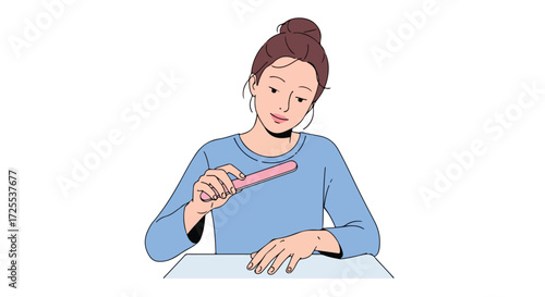 Woman's Nail Care Routine: Polishing Nails and Beauty at Home with File for Self-Care and Wellness