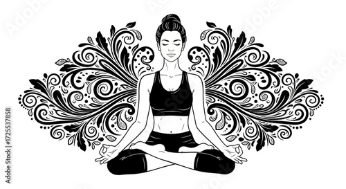 Woman in lotus position doing yoga with decorative floral background in black and white elegant