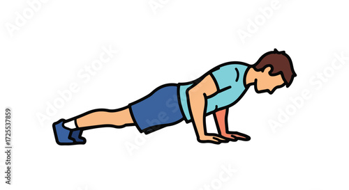 Cartoon illustration showcasing a man performing a push-up exercise for strength training and core conditioning  with a clear background