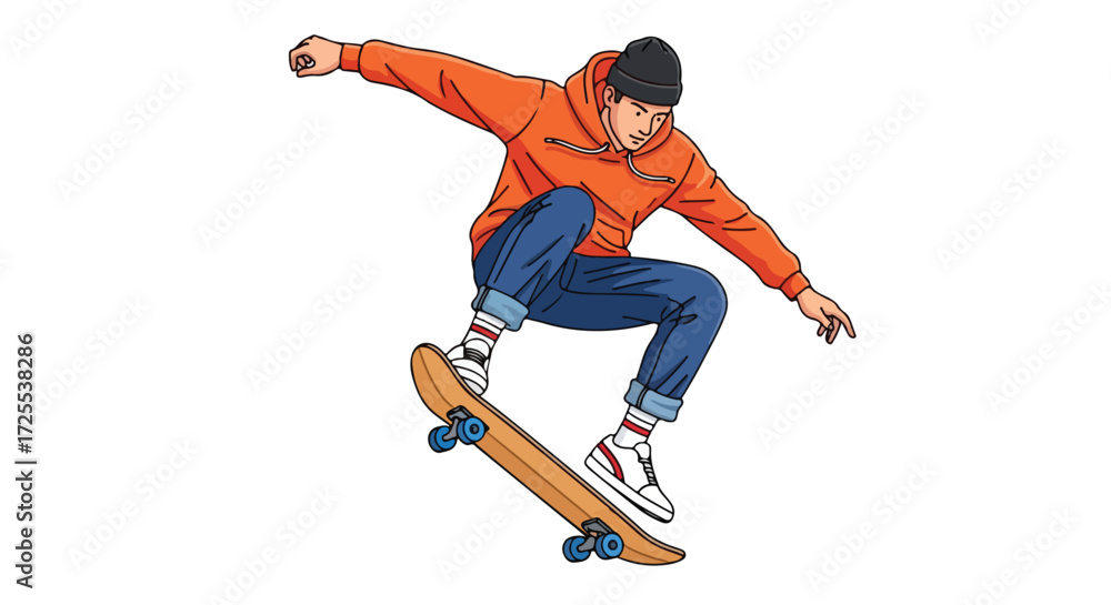 Obraz premium Dynamic illustration showcasing a skater executing a trick against a clean backdrop captures youthful exuberance and skill in motion
