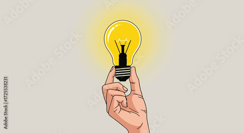 Hand holding a glowing light bulb symbolizing idea generation and innovation with a cartoonish style