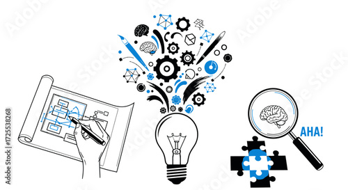 Conceptual illustration depicting brainstorming, idea generation, and problem-solving process