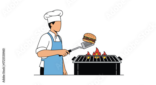 Chef expertly grills a scrumptious burger over an open flame outdoors embodying summer barbecue fun capturing culinary skill and open-air cooking