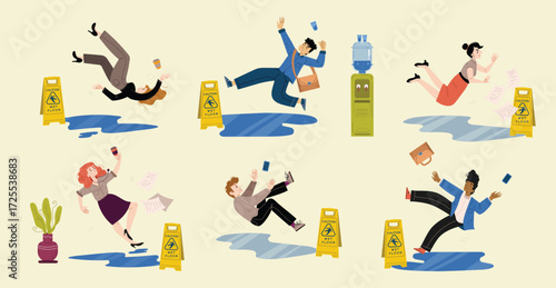 People slip and fall down on wet floor vector