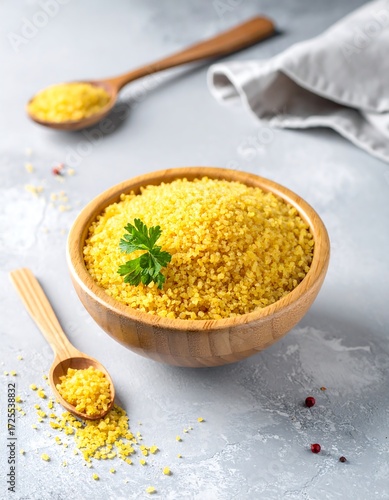 Wooden bowl of yellow grains