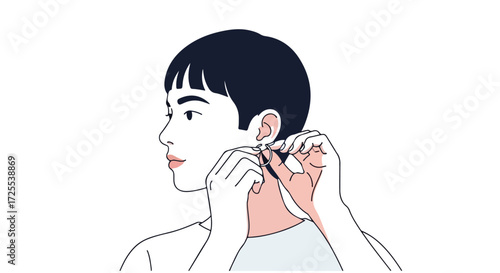 Minimalist illustration of a person putting on an earring with focused hand movements on a white backdrop to showcase accessory usage