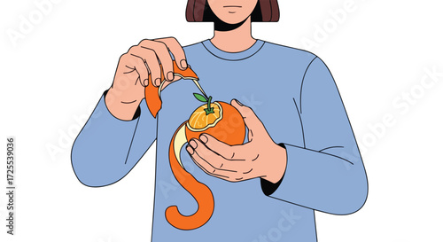 Illustration depicting a person peeling a vibrant orange, showcasing the freshness and natural essence of the citrus fruit with meticulous detail
