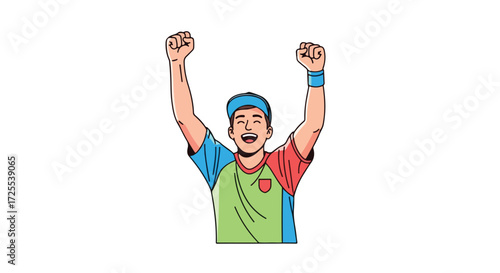 Enthusiastic cartoon character cheering with arms raised in victory, radiating joyful optimism and energetic celebration with bright color palette