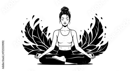Woman in lotus position with leafy backdrop practicing meditation and mindfulness exercise for