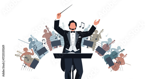 Harmonic symphony: Conductor orchestrating a symphony with musicians and flowing musical notes creating a vibrant and dynamic composition