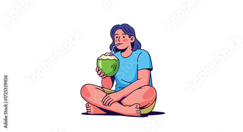 Illustration of a woman relaxing while drinking fresh coconut water in a serene scene reflecting peacefulness and summer delight
