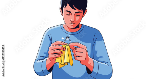 Cartoonish depiction of a man meticulously polishing a diamond ring with a soft yellow cloth for lasting brilliance and timeless elegance