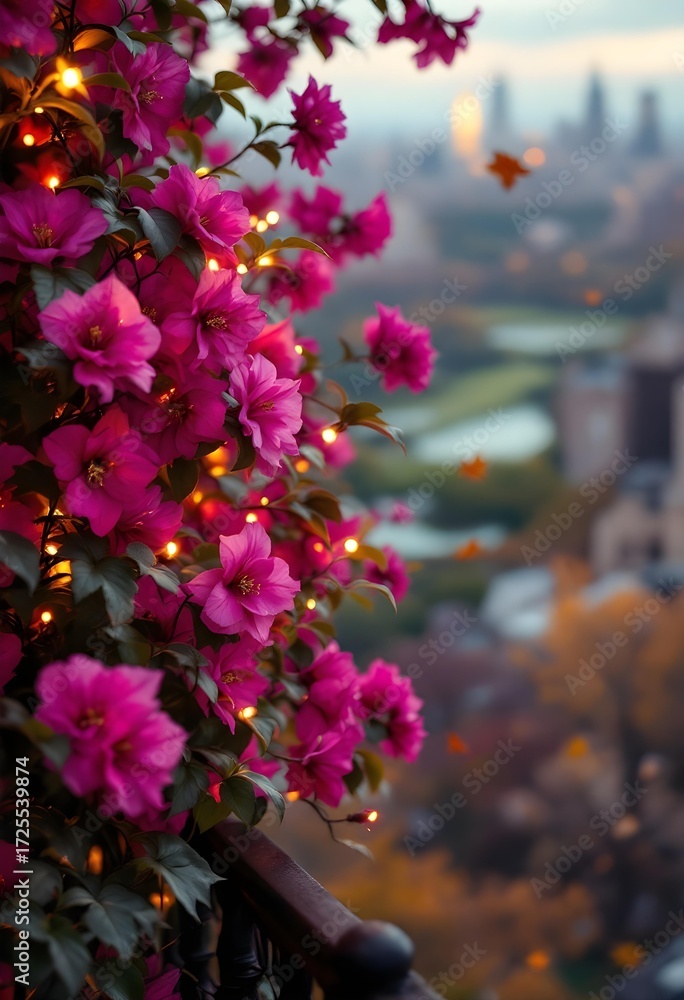 Obraz premium Close-up of fairy lights nestled within a blooming magenta bougainvillea on a balcony, cityscape at noon, bright sun, yellow light