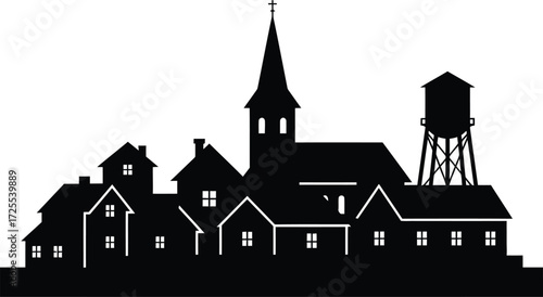 Charming village silhouette with steeple and water tower serene rural townscape art isolated on transparent background