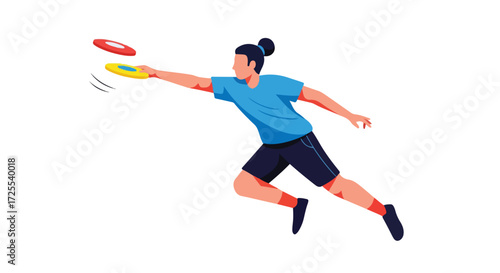 Athlete throwing a frisbee with dynamic energy, showcasing the skill and focus required for disc sports amid crisp white background