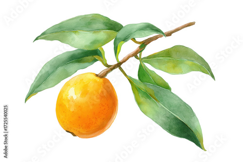 Loquat fruit on a branch hand drawn watercolor isolated food illustration. Ripe yellow Japanese medlar with green leaves.