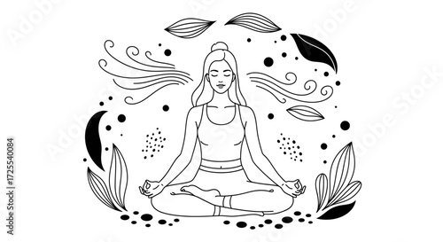 Woman in lotus position surrounded by organic elements for wellness and relaxation