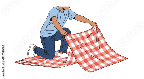 Illustration depicts a man spreading a red and white checkered picnic blanket outdoors preparing for an open-air gathering demonstrating relaxation