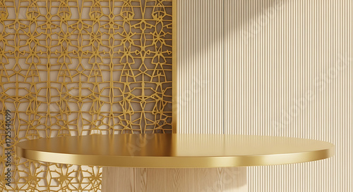 Illustration of luxurious golden display stand with intricate geometric metal screen and fluted wall, bathed in soft sunlight, creating an opulent setting