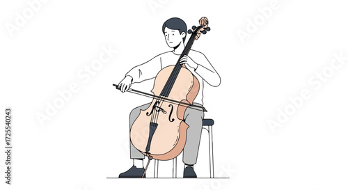 Serene cellist immersed in melody, a minimalist artistic rendition of musical passion and devotion crafted with delicate lines