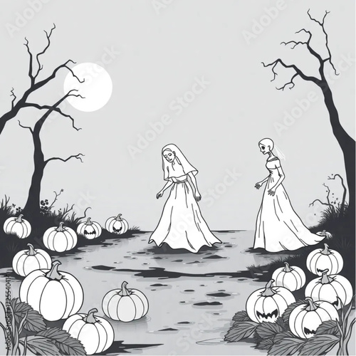 A zombie bride wandering aimlessly in a foggy riverbank surrounded by cursed pumpkins.