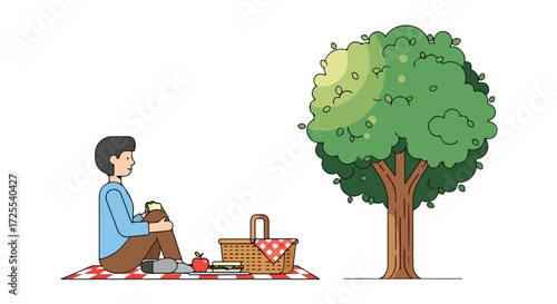 Simple line drawing of a person enjoying a peaceful picnic under a tree on a sunny afternoon scene outdoor lifestyle serene relaxing quiet moment