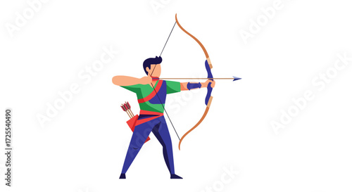 Focused archer poised to release arrow demonstrates precision and skill in the sport aiming for targeted goal attainment