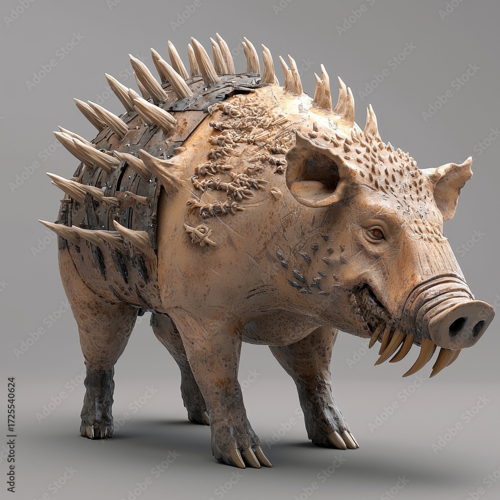 Fototapeta premium Battle boar with tusk armor, charging through enemy defenses, 3D illustration