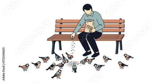 A serene moment of connection: An individual fostering harmony with nature by providing sustenance to a gathering of birds in a tranquil park setting