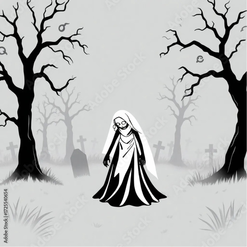 A zombie bride lurking in the shadows in a foggy graveyard surrounded by twisted trees.