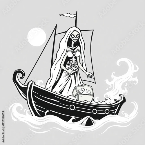 A zombie bride guarding a hidden treasure in a haunted shipwreck surrounded by swirling mist.