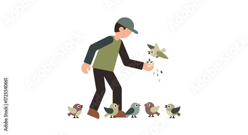 Illustration showcasing a man feeding small birds in an outdoor environment with clean design elements and muted color palette drawing focus
