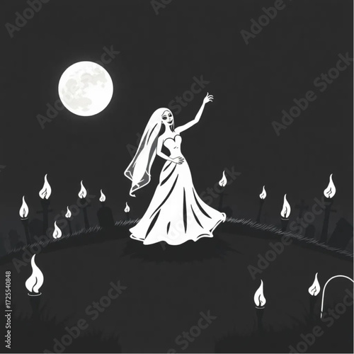 A zombie bride dancing under the moonlight in a shadowy cemetery hill surrounded by flickering torches.