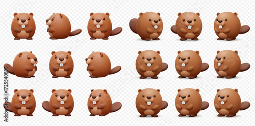 A charming set of 3D rendered cartoon beavers, depicted in various adorable poses with their characteristic flat tails and buck teeth.