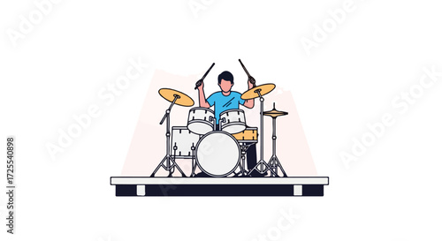 Energetic drummer performing on stage, captured in a vibrant, artistic vector illustration evoking the pulse of live music, rhythm and beat