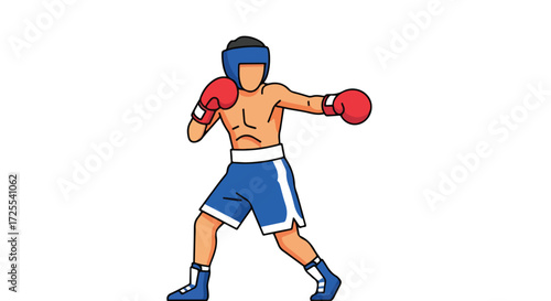 Isolated cartoon illustration portraying a boxer in action with gloves and protective headgear mid punch technique illustration