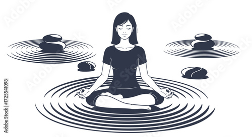 Zen Harmony: Woman in Lotus Position Meditating Surrounded by Stone Gardens and Ripples
