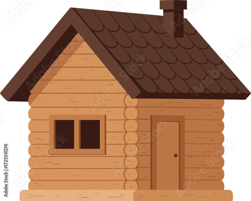Cozy wooden log cabin with shingled roof and chimney detailed architectural rendering isolated on transparent background