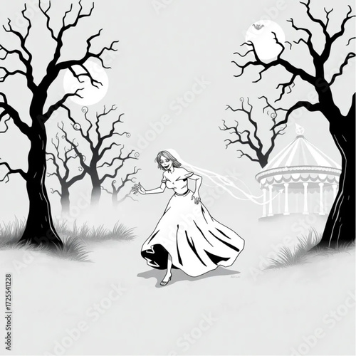 A zombie bride chasing through the mist in a haunted amusement park surrounded by twisted trees.