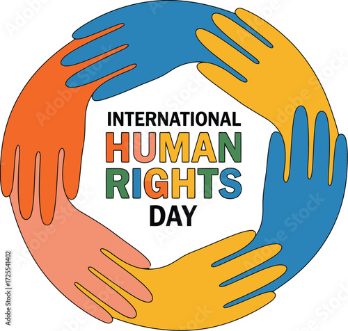 Diverse hands form a circle symbolizing global unity and support for human rights.