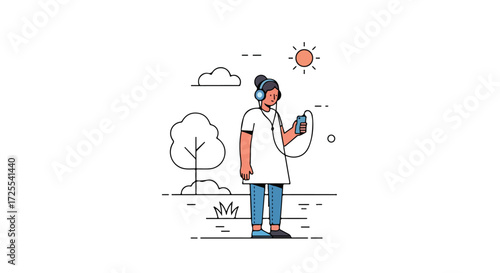Illustrated woman listening to music with headphones in nature enjoying a sunny day creating a simple graphic scene minimal design feeling pleasant