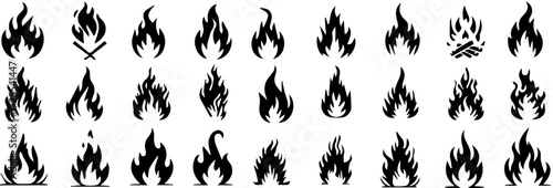 fire, flame, icon, symbol, heat, energy, burn, blaze, bonfire, campfire, torch, danger, warmth, illustration, silhouette, black and white, graphic, design element, set, collection, various shapes, int